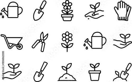 Hand drawn garden icons collection for planting and growing