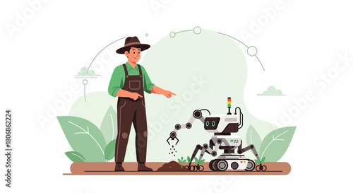 Agricultural Revolution: A Farmer and Automated Robot Working Harmoniously in the Field