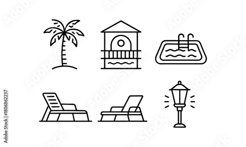 Hand drawn vacation icons including a palm tree lifeguard stand pool chairs and lamp