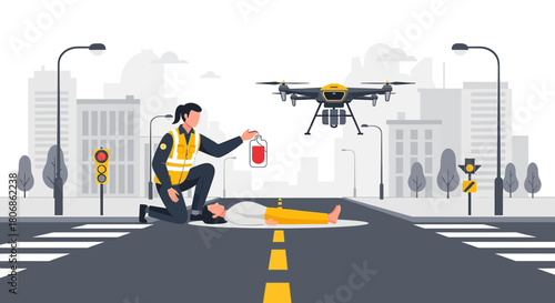 Aerial blood delivery in emergency scenario: A drone transporting a blood bag delivers aid to a