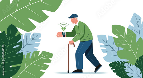 An elderly man uses a smart watch to monitor his vital signs in a leafy environment