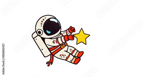 Vector cartoon illustration of a child astronaut drawing a black and white rocket against an abstract background