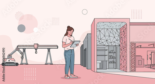 Architectural innovation featuring advanced robotics and a modern design studio environment