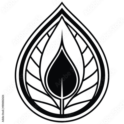 Abstract stylized leaf and flame emblem in a teardrop shape