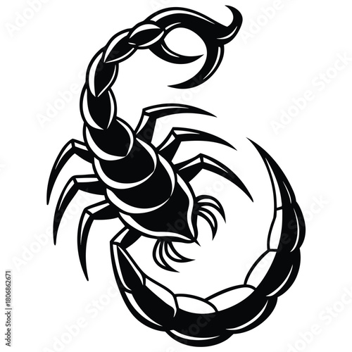 Stylized black scorpion silhouette with curled tail and claws