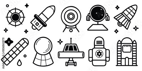 Collection of hand drawn doodle style space and science fiction icons