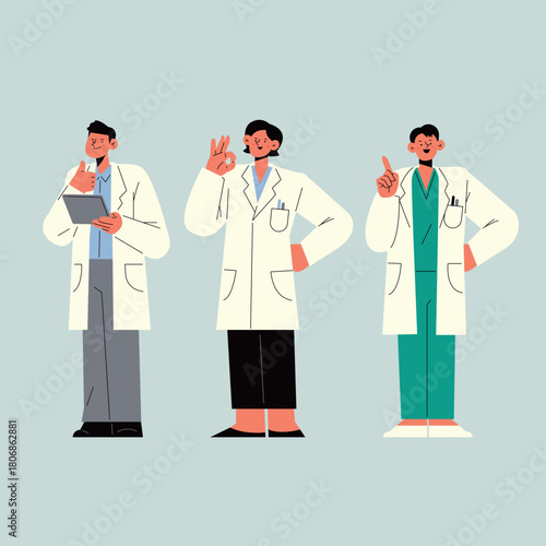 Three Medical Professionals in Lab Coats Posing. Doctors standing and looking ahead. Their expressions brimming with confidence.