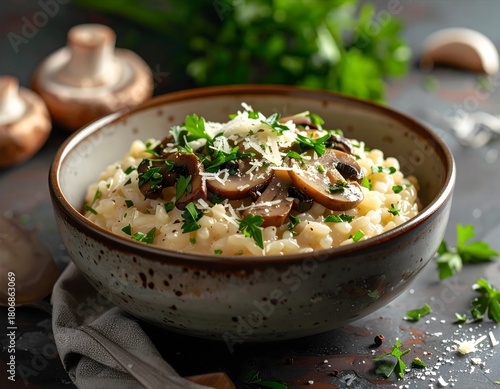 Cremiges Pilzrisotto in einer Keramik-Schüssel – Ialienisches Gericht Käse.