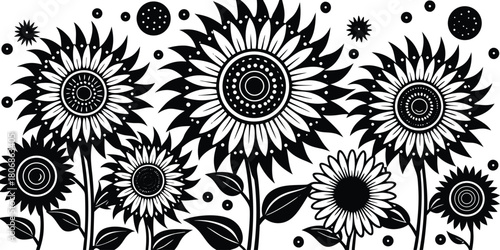 Stylized black and white sunflowers with decorative circles and dots