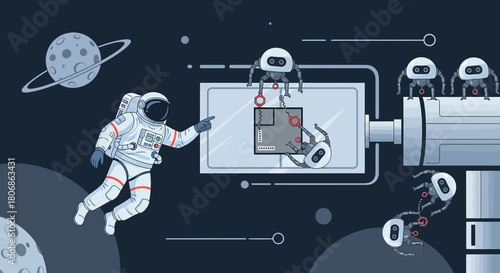 Astronaut overseeing robot repairs to a space station with planets visible in the background