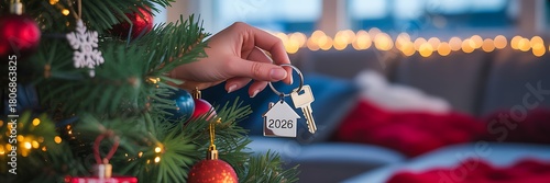 Illustration of christmas tree with house key ornament, new home for 2026
