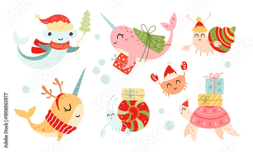 Cartoon Christmas Sea Animals Clipart Set. Cute Xmas Ocean Characters. Festive Under The Sea Life. Holiday Nautical Illustrations.