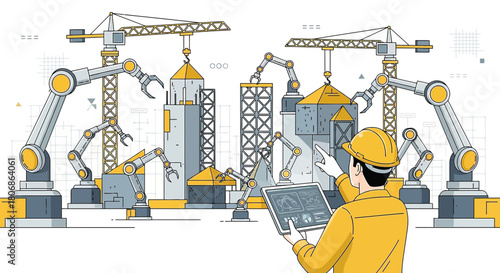 Automated construction site overseen by engineer using digital tablet illustration
