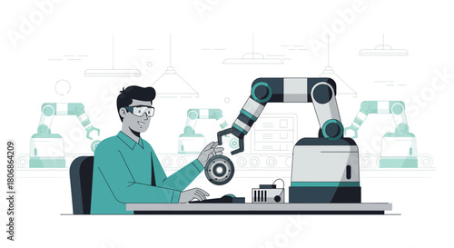 Automated manufacturing engineer overseeing production process using robotic arms and assembly line
