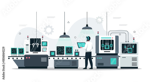 Automated manufacturing line with engineer overseeing production, showcasing modern factory