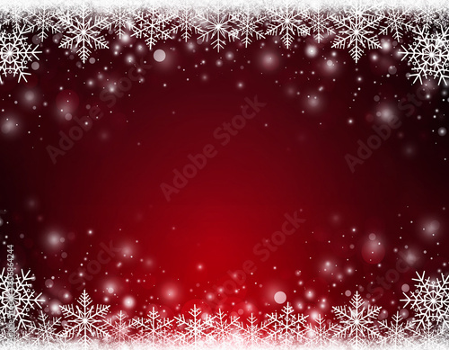 Marco decorativo rojo de copos de nieve blancos alrededor de todo el borde, con diferentes tamaños y diseños, creando un efecto helado y festivo. Pequeñas partículas de nieve dispersas por el fondo.