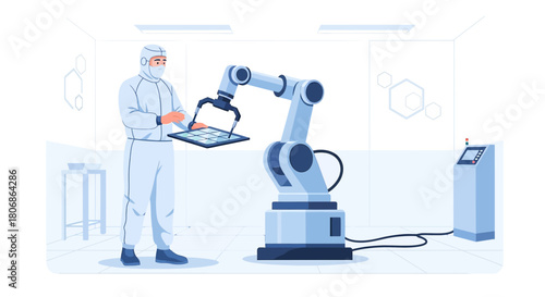 Automated manufacturing process in cleanroom environment with robotic arm and operator using