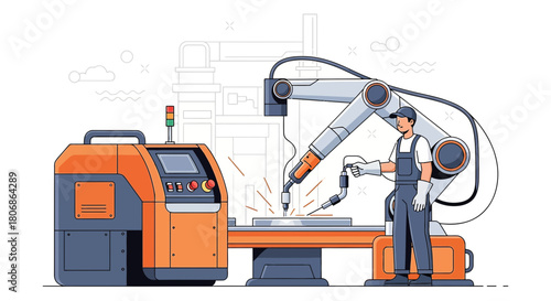 Automated manufacturing process showcasing robotic welding and human supervision for enhanced
