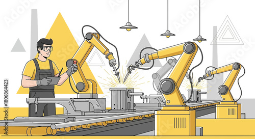 Automated manufacturing process with robotic arms and human operator overseeing production line