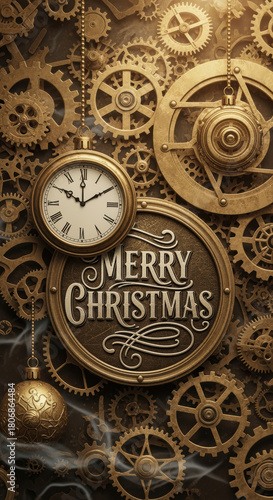 Nostalgic steampunk christmas greeting with vintage clock and mechanical gears creating festive holiday background
