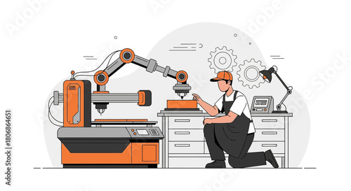 Automated production line featuring an engineer monitoring a robotic arm in factory assembly