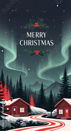 Magical christmas winter night landscape with beautiful aurora over snowy forest. serene and peaceful holiday scene