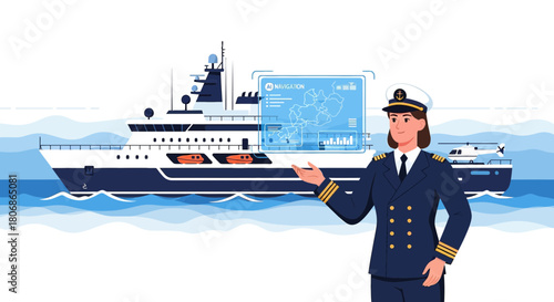 Captain presenting advanced ai navigation system aboard modern yacht for safe marine journey