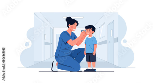 Caring pediatrician examining a little boy's ear with an otoscope in the clinic hallway with