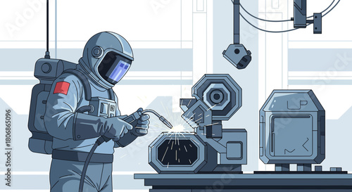 Cartoon astronaut conducting welding work on robotic equipment in a futuristic laboratory or space