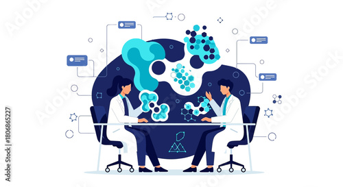 Collaborative research illustration showcasing scientists analyzing molecule structures in a