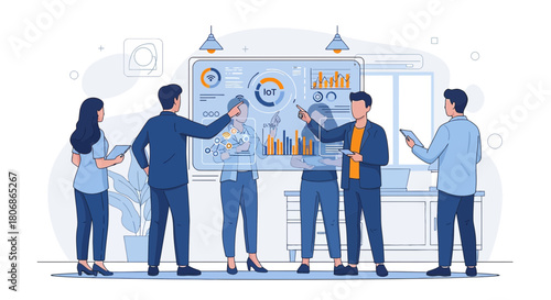 Collaborative IoT data analysis and strategy session in a modern office environment