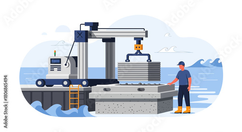 Concrete prefabrication by the sea with automated industrial equipment and a worker supervising