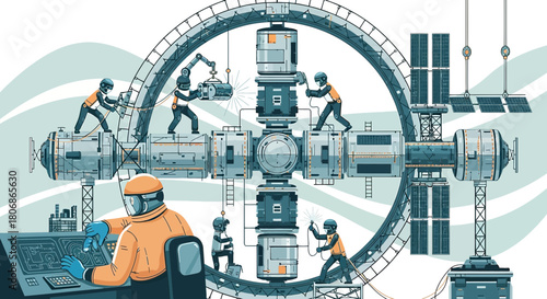 Constructing a futuristic space station with collaboration and advanced engineering illustration