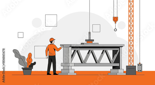 Construction site with engineer and crane, minimalist design for industrial project visualization