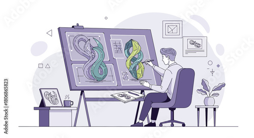 Creative designer sketching complex 3D model on a project board in a modern design studio