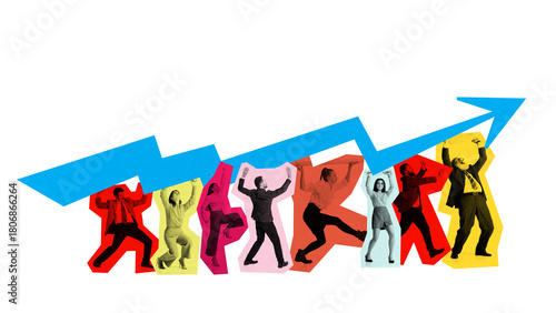 Cuadro en lienzo Business metaphor collage of business team lifting rising growth arrow