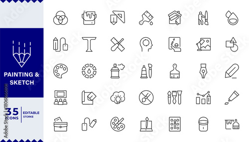 Pixel Perfect, Painting and drawing line icon set. Artist, paints and brush, art tools, palette, pencil and picture. Outline vector icon in linear style.