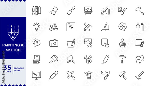 Pixel Perfect, Painting and drawing line icon set. Artist, paints and brush, art tools, palette, pencil and picture. Outline vector icon in linear style.