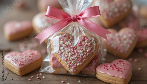 Heart-shaped cookies wrapped in a gift bag with pink ribbon for Valentine's Day
