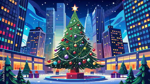 Very beautiful towering Christmas tree in Bryant Park, New York City, adorned with festive lights and decorations, set against the backdrop of gleaming city skyscrapers, capturing the holiday spirit i