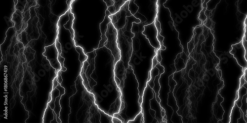 Dramatic Electric Lightning Strikes Abstract Pattern on Black Background.Lightning Effect Overlay, Isolated Electric Thunderstorm Bolt Strikes on Dark Night Sky Background.

