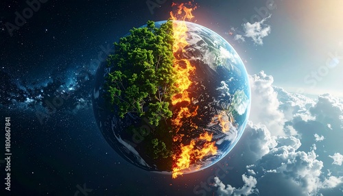 Conceptual representation of environmental destruction, climate change, and global warming impacts
