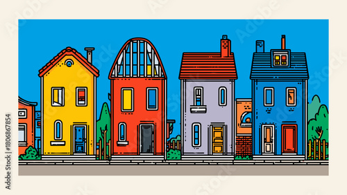 Row of Modern Geometric Houses in Bright Colors