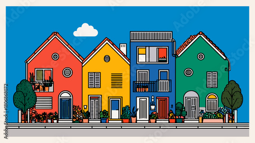 Colorful Residential Houses With Garden Plants Illustration