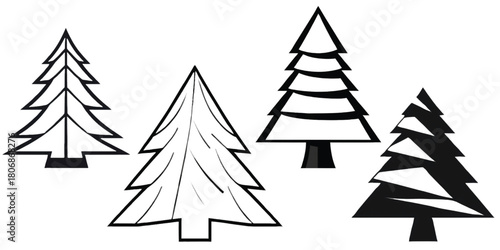 Set of Hand-Drawn and Stylized Christmas Tree Silhouettes on Transparent Background
