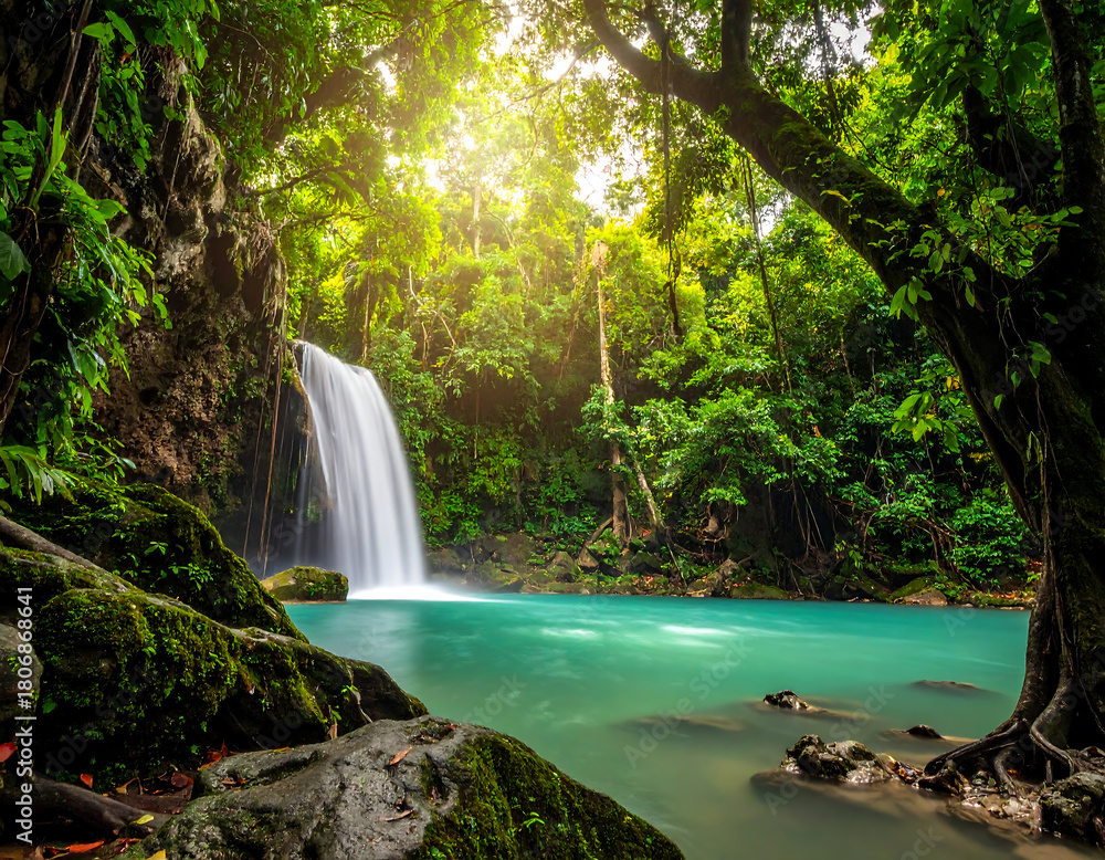 Obraz premium Majestic turquoise waterfall cascading into crystal clear pool surrounded by lush tropical rainforest