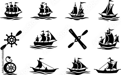 Nautical Silhouette Collection of Ships, Waves, and Maritime Symbols