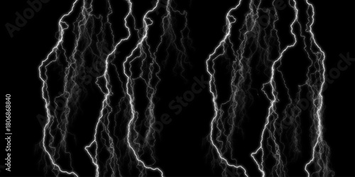 Dramatic Electric Lightning Strikes Abstract Pattern on Black Background.Lightning Effect Overlay, Isolated Electric Thunderstorm Bolt Strikes on Dark Night Sky Background.

