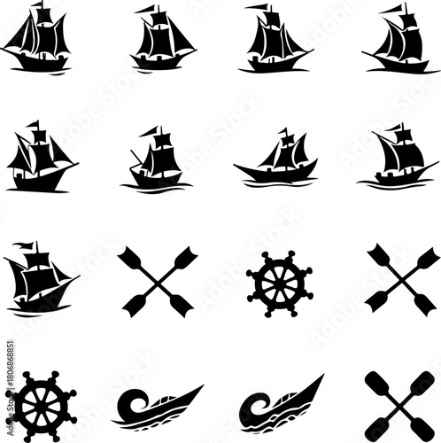 Nautical Silhouette Collection of Ships, Waves, and Maritime Symbols