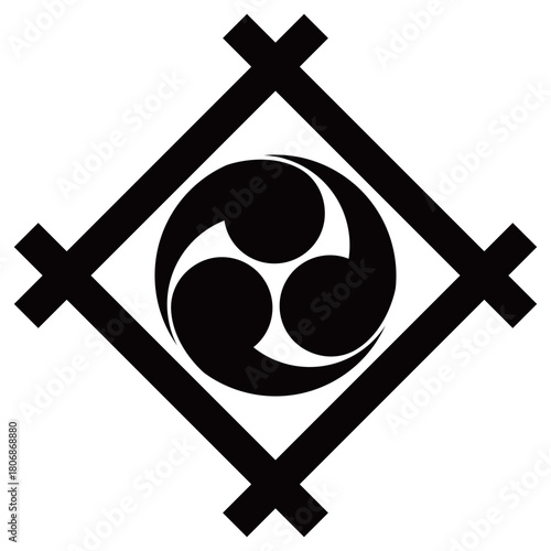 家紋です。隅立て井筒に三つ巴といいます。